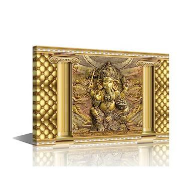 Imagem de TUMOVO 1 painel Golden Ganesha Impressão em tela Deus indiano quadros de pintura para sala de estar crentes hindus arte de parede em tela moderna emoldurada decoração de casa para quarto escritório