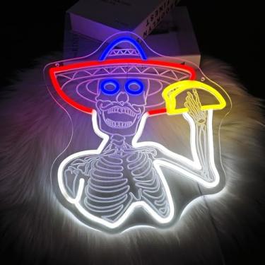 Imagem de Whfobfe Placa de néon de caveira de tortilha, luzes de néon LED, placas de néon para decoração de parede, sinais de néon LED alimentados por USB para decoração de quarto