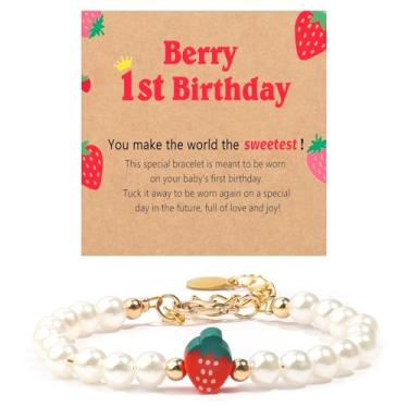 Imagem de CXLDTE Presentes para meninas de 1º aniversário, decoração de primeiro aniversário de baga, presentes para meninas de 1 ano de idade, pulseira de decoração de morango para meninas, neta, filha