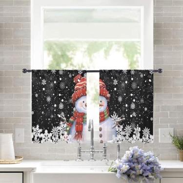 Imagem de Cortinas pretas transparentes de boneco de neve de Natal, 113 cm de comprimento, 2 painéis, boneco de neve com touca vermelha, lenço branco, floco de neve, bolso de haste, cortina transparente de