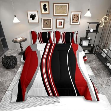 Imagem de Erosebridal Conjunto de cama King listrado vermelho e preto, cinza, moderno, abstrato, para adultos, mulheres, homens, listras, linhas geométricas, arte contemporânea, boêmio, conjunto de edredom