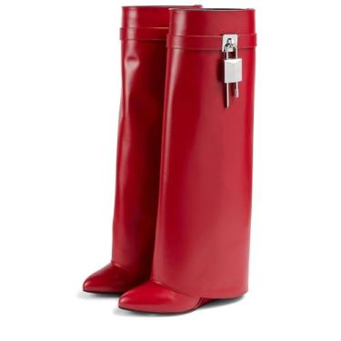 Imagem de Arqa Botas femininas dobráveis na altura do joelho com salto cunha coberto, botas de tubarão, botas de panturrilha largas, modernas, de festa, botas de bico amêndoa, Vermelho, 39