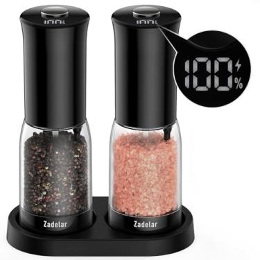 Imagem de Conjunto elétrico de moedor de sal e pimenta com visor de energia LED, conjunto de saleiro e pimenteiro de maior capacidade, recarregável, elétrico com grosseiros flexíveis, luz de LED, operação com