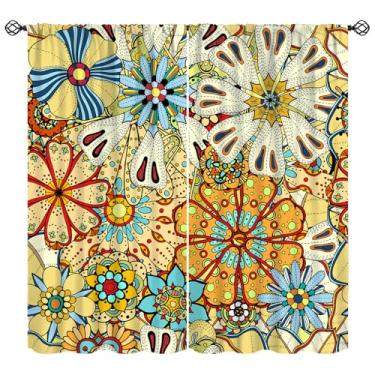 Imagem de Cortinas Bohemia para decoração de cozinha, tratamentos de janela estampados boêmios com flores coloridas vintage, cortinas de isolamento térmico retrô com bolso para varão para quarto, sala de estar