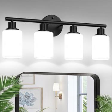 Imagem de Zarbitta Luminária de banheiro com 4 luzes, luzes modernas pretas com persianas de vidro fosco branco leitoso, lâmpada de parede de banheiro para espelho cozinha sala de estar
