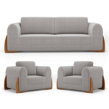 Imagem de Kit 02 Poltronas e 01 Sofá Bloom 220cm 03 Lugares com Pés de Madeira Bouclê Cinza - Abmaza