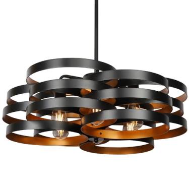 Imagem de CNRATYE Lustres modernos de casa de fazenda de 6 luzes para sala de jantar, iluminação pendente de vários anéis rústicos, lustre redondo de metal industrial para entrada de cozinha, preto com interior