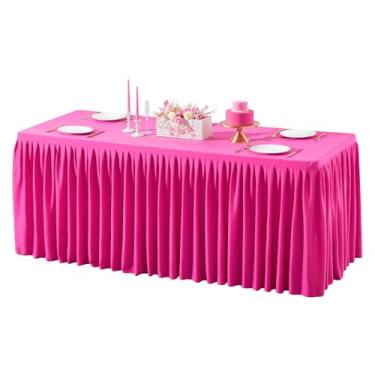 Imagem de Roupa de mesa de poliéster rosa choque para mesas retangulares de 2,3 m, sem rugas, com saia de mesa plissada com babados para festa de aniversário, casamento, feira, evento
