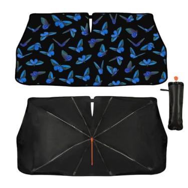 Imagem de Guarda-sol de para-brisa de carro - Guarda-sol de borboletas azuis para janela frontal de carro, bloqueiam raios UV guarda-chuva dobrável para viseira de sol mantém o veículo fresco para a maioria dos