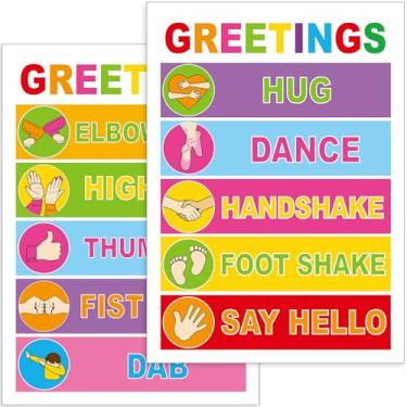 Imagem de QOUBAI Pôster colorido de saudações de sala de aula, pôsteres de escolha de saudação de regras de sala de aula, para educação, pré-escolar, itens de boas-vindas para professores do ensino fundamental