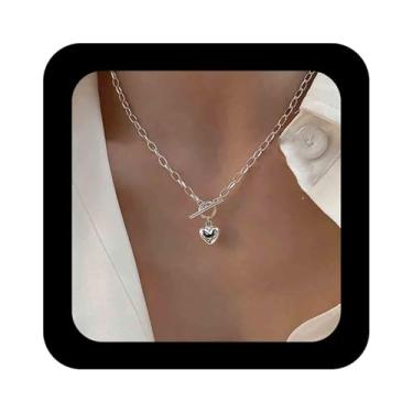 Imagem de Erimberate Colar gargantilha punk com coração inchado prata metal coração pingente colares T barra clipe de papel corrente colares minimalistas coração clipe de papel colar de corrente para mulheres