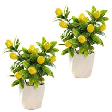 Imagem de Estink 2pcs Pequeno Fruto Bonsai Artificial Lemon Tree Mini Plantas Em Vaso Com Pote De Plástico para Home Office Desk Decor Plantas Verdes Falsas (1)
