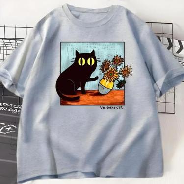 Imagem de Camiseta Gráfica De Gato Preto Flor Masculina Feminina Van Gogh Gola R
