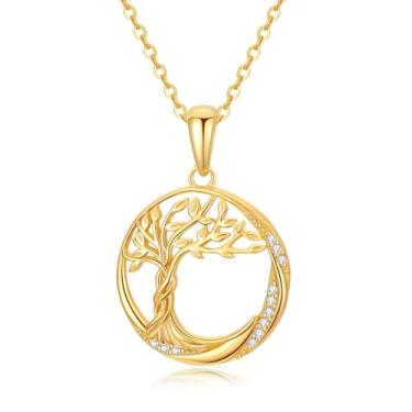Imagem de UXQ Colar de ouro maciço 14K, árvore da vida, bússola, sol e lua, três círculos para mulheres, colar de ouro real, joias presentes para sua esposa, mãe, filha, irmã, aniversário, Natal, Ação de Graças