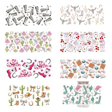 Imagem de Decalques UV DTF - 8 folhas de chapéu de cowboy Uvdtf envoltórios de copo para garrafa de água de vidro de 473 ml, adesivos de transferência de botas ocidentais para decoração de laptop faça você