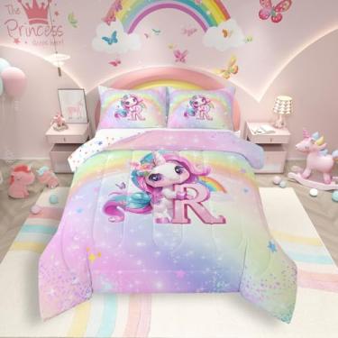 Imagem de Jogo de cama casal de unicórnio arco-íris, unicórnio roxo, para meninas, monograma, R, para decoração de quarto de todas as estações, adorável colcha de cama com glitter gradiente, rosa