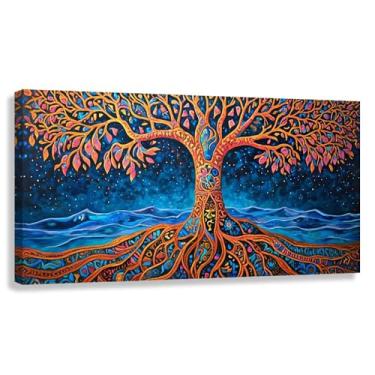 Imagem de Árvore da Vida Arte de Parede Impressão em Tela Decoração Folhas Vibrantes Ondas do Oceano Sala de Estar Quarto Pintura 40x20cmx1