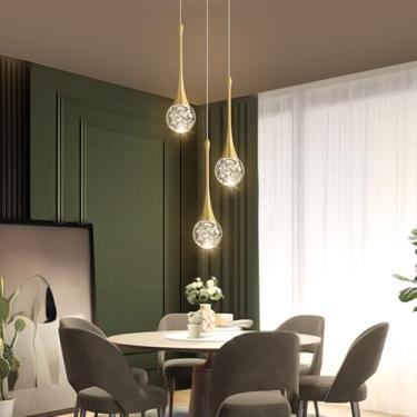 Imagem de Cenzoz Luzes pendentes modernas de 3 luzes para ilha de cozinha, LED, cristal regulável, glamour, pingente de teto, lustre para sala de jantar, corredor, quarto, candeeiro de canto dourado antigo