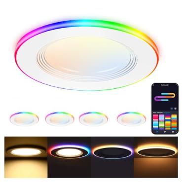 Imagem de CLOUDY BAY [Pacote com 4] Iluminação embutida inteligente RGB de 10 cm com luz de destaque gradiente e luz noturna, luzes embutidas de 13 W, luz embutida ultrafina, compatível com Alexa e Google Home