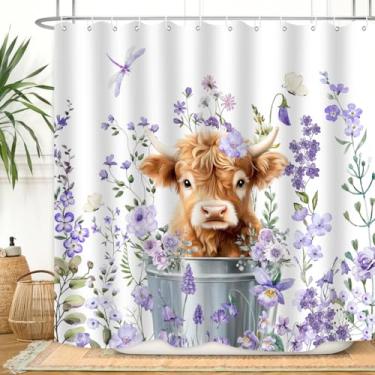Imagem de ZXMBF Linda cortina de chuveiro de vaca Highland roxa aquarela floral primavera flores silvestres rústicas engraçadas gado ocidental fazenda casa decoração de casa de banho tecido à prova d'água 182 x