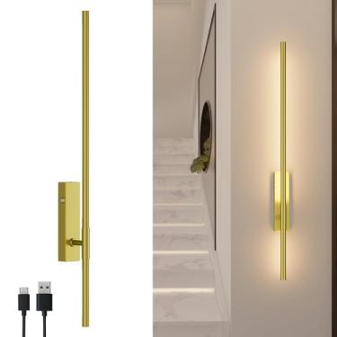 Imagem de Coinmit Arandela de parede operada por bateria de 83 cm, 1 pacote de luz de parede recarregável de 6 W com interior, arandela dourada regulável sem fio para sala de estar, quarto, corredor, ouro