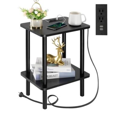 Imagem de FORAOFUR Mesa de canto com estação de carregamento, mesa lateral preta com portas USB e tomadas, mesa lateral estreita para sala de estar, quarto e escritório, mesa de cabeceira pequena com estação de