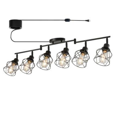 Imagem de vivihobb Luz de teto regulável com plugue de 6 luzes, kit de iluminação de trilho preto com cabo de 16,5 m, cabeça de luz giratória flexível, estilo moderno de fazenda industrial (lâmpadas não