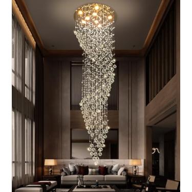 Imagem de cenozo Lustre de cristal D60 cm x A 192 cm para escadas, candelabro glamoroso, grandes lustres de gota de chuva, luminárias de teto alto reguláveis de LED para hall de entrada dourado