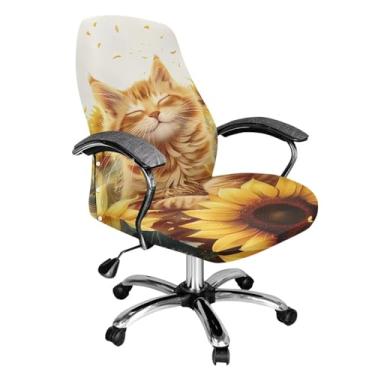 Imagem de Talayituse Capa para cadeira de escritório com estampa de girassol de gato, capa de cadeira de escritório lavável, extensível, 1 capa de cadeira de computador com encosto alto, capa para assento de 4