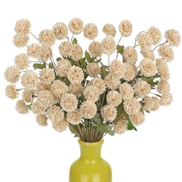 Imagem de Briful 12 peças de flores artificiais para mães – flores de outono de seda com pompom kiku sintético, haste longa de crisântemo neutro bege para enchimento de vasos, mini mães artificiais para buquê