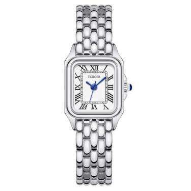 Imagem de TKIIOER Relógios pequenos dourados para mulheres, relógios femininos vintage com mostrador romano, caixa retangular, relógio analógico feminino, Prateado, branco, Relógio prata