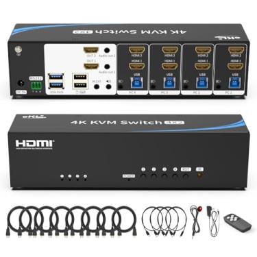 Imagem de eKL Switch Real Seamless Switching Usb 3.0 Hdmi Kvm Para Dois Monitores, 4 Computadores, 4K A 30 Hz, Porta De Exibição Estendida, Áudio 3,5 Mm, Emuladores Edid, Botão, Tecla Atalho, Mouse, Código Rs