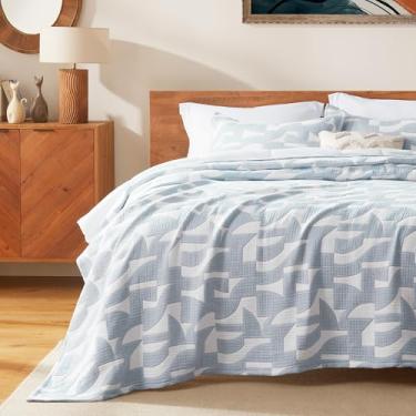 Imagem de SLEEP ZONE Conjunto de colcha de algodão jacquard tamanho king macio e leve, conjunto de 3 colchas geométricas para todas as estações, 269 x 244 cm, azul