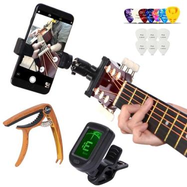 Imagem de RockCheems Acessórios de guitarra para iniciantes - 1 suporte de telefone ukulele para baixo para gravação de vídeo ao vivo, 1 capo de guitarra, 1 afinador com escolhas gratuitas