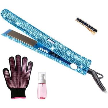 Imagem de Alisador de cabelo de titânio com lindo diamante de cristal brilhante de strass, alisador e modelador de cabelo 2 em 1, desligamento automático de 60 minutos, visor de temperatura LCD (azul)