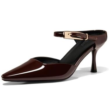 Imagem de Coutgo Sapato social feminino de salto alto mules fechado bico fino salto gatinho fivela tira sem cadarço frente única, Marrom, 35
