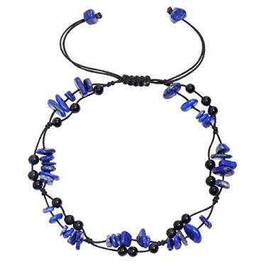 Imagem de Jewever Tornozeleira de ágata preta natural em camadas com pedras de lascas com contas reais para mulheres cristais de cura ajustáveis verão praia corrente corrente joia, 10 inches, Pedra