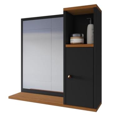 Imagem de Espelheira Suspensa Armário Aéreo de Parede para Banheiro Pequeno Apartamento Bancada Prateleira com Espelho 1 Porta e Nicho Organizador Deca Aqua Potenza (Preto/Freijó)