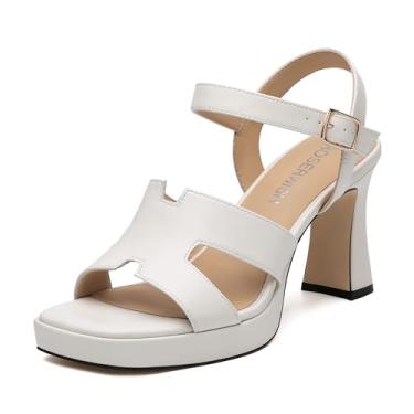 Imagem de ROSERWISH Sandálias femininas grossas de salto alto com plataforma – bico aberto quadrado, vestido de festa de casamento, sexy, confortável, salto de formatura com tira no tornozelo e design de tiras