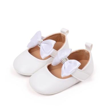 Imagem de Bellocasa Baby Mary Jane Sapatilhas para meninas com laço de algodão sola antiderrapante primeiro andador vestido princesa berço sapatos de casamento, W4172 Branco, 12-18 Months Toddler