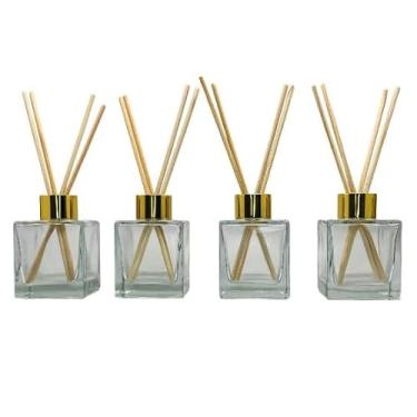 Imagem de KIT 04 Frasco de Vidro Cubo 100ML Tampa Luxo Para Aromatizador Difusor + Varetas(DOURADO)