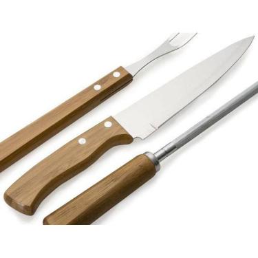 Imagem de Kit Churrasco 3 Peças Garfo Faca E Amolador Aço Inox