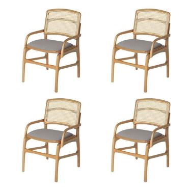 Imagem de Jogo 4 Cadeiras Para Jantar Florença Em Madeira Jequitibá Natural Braço Encosto Palha Linho Cinza