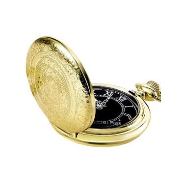 Imagem de Relógio de bolso masculino de quartzo com mostrador preto e corrente, Dourado, Movimento de quartzo