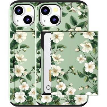 Imagem de MUQR Capa compatível com iPhone 15 com porta-cartão fofo - Design Kawaii, proteção contra quedas de grau militar, capa carteira robusta para mulheres (flores de magnólia verde florais)