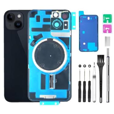 Imagem de Substituição de vidro da tampa traseira traseira para iPhone 14 + lente da câmera + ímã + suporte de peça de ferro com kit de ferramentas de reparo (preto)