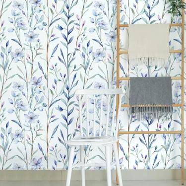 Imagem de ESSMOKO Papel de parede aquarela flor azul PVC impermeável autoadesivo quarto sala de estar adesivo de parede fundo decorativo azul 45 * 300 cm