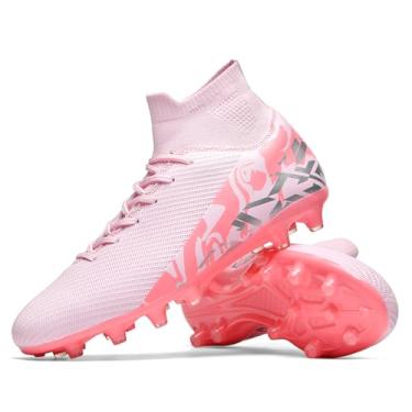 Imagem de Saynnie Chuteiras de futebol masculinas femininas para uso interno unissex cano alto AG TF botas de futebol juvenil beisebol rúgbi tênis de treinamento, 2606 Rosa Ag, 13 Women/11 Men