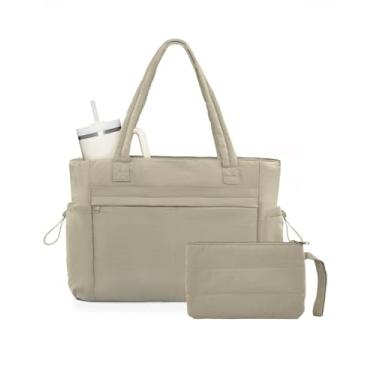 Imagem de Bolsa feminina de trabalho acolchoada com compartimento para laptop de 15,6 polegadas e porta-copos, bolsa de ombro com zíper, Camelo, Large, Sacola acolchoada com bolsa de maquiagem