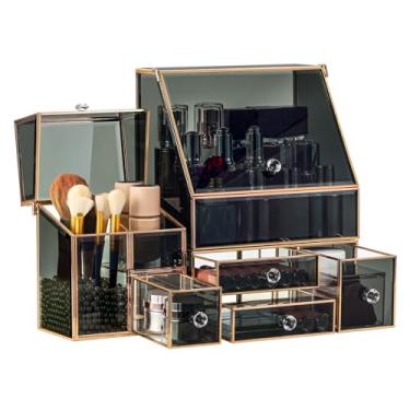 Imagem de Homruilink Organizador de maquiagem preto – elegante organizador de penteadeira de vidro para cuidados com a pele, perfume, pincéis e batons – Caixa multifuncional de armazenamento de cosméticos de